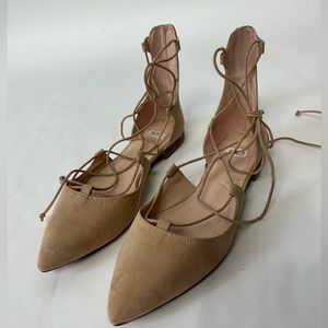 Zara Nude Faux Suede Lace-up Ballet Flats (Size: 6.5)